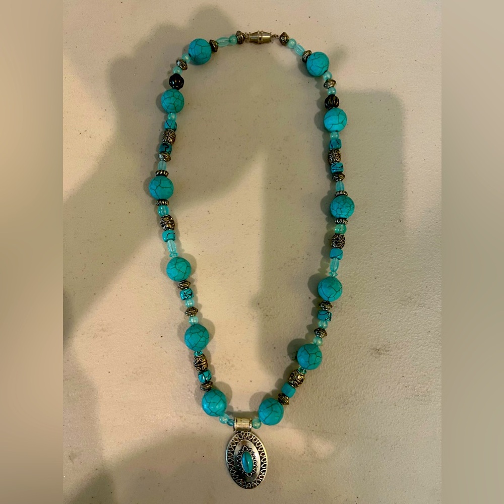 Wood beaded turquoise necklace